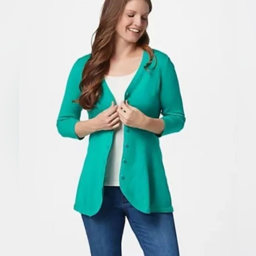 New Isaac Mizrahi Live! Tropical Green Curved Hem Button Front Cardigan Sweater